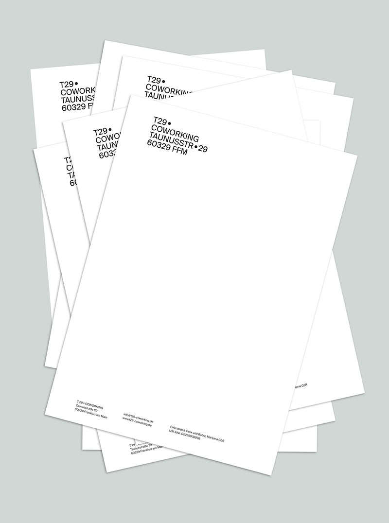 Corporate Design für den Coworkingspace T29 Briefpapier für den T29 Coworkingspace