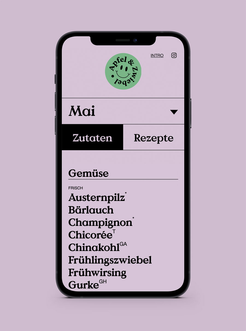 Responsive Webdesign für einen Online Saisonkalenders Mobile Ansicht eines Online Saisonkalenders