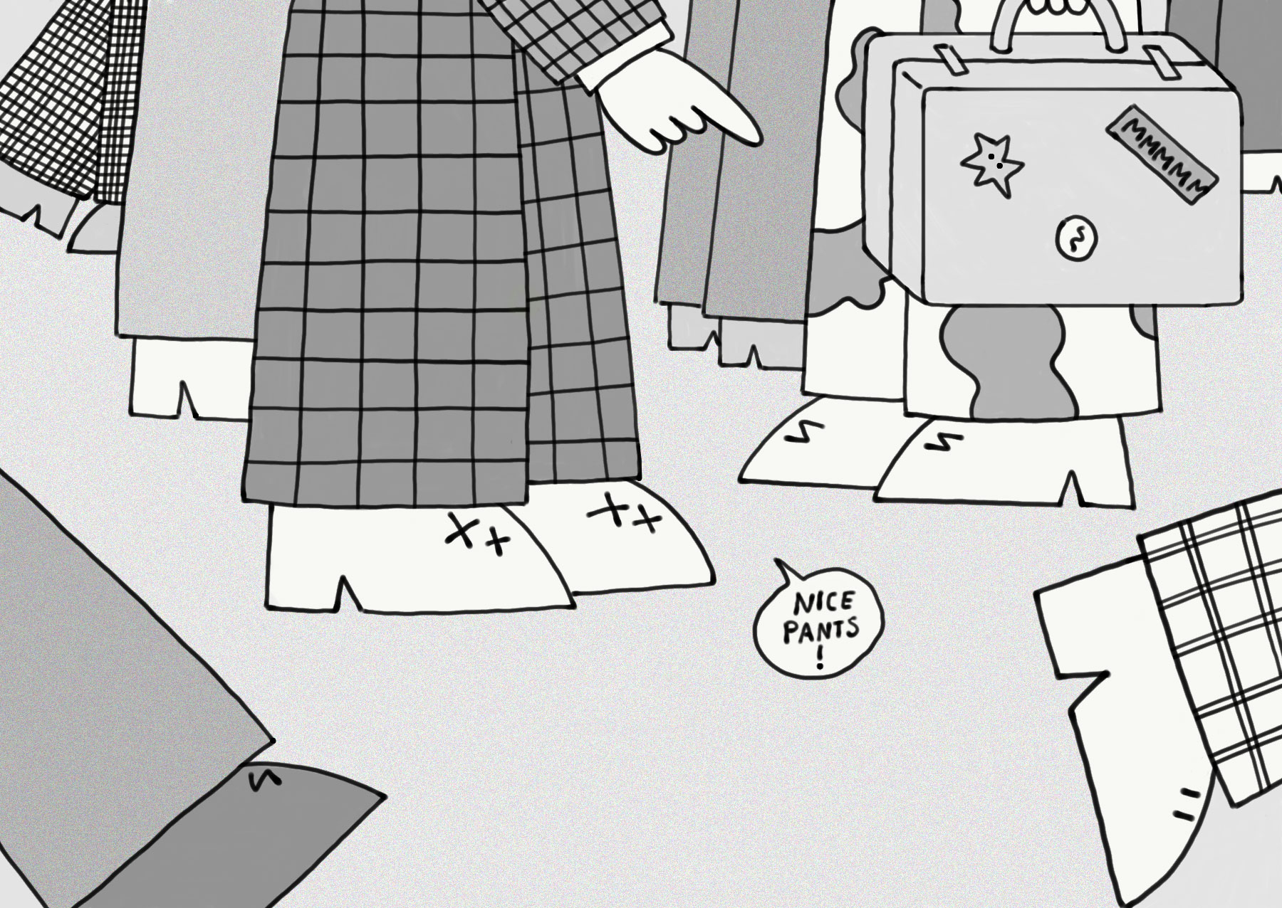 schwarz / weiß Illustration einer Fußgängerzone