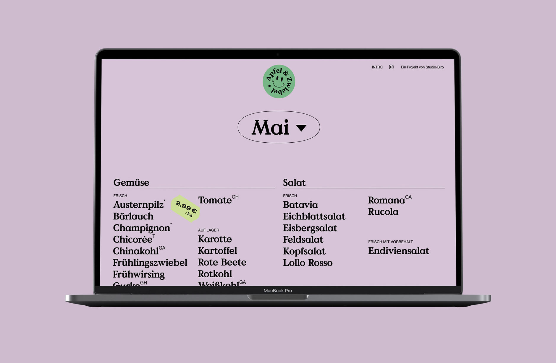 Ansicht der Mobileversion der Webseite des Saisonkalenders Apfel&Zwiebel