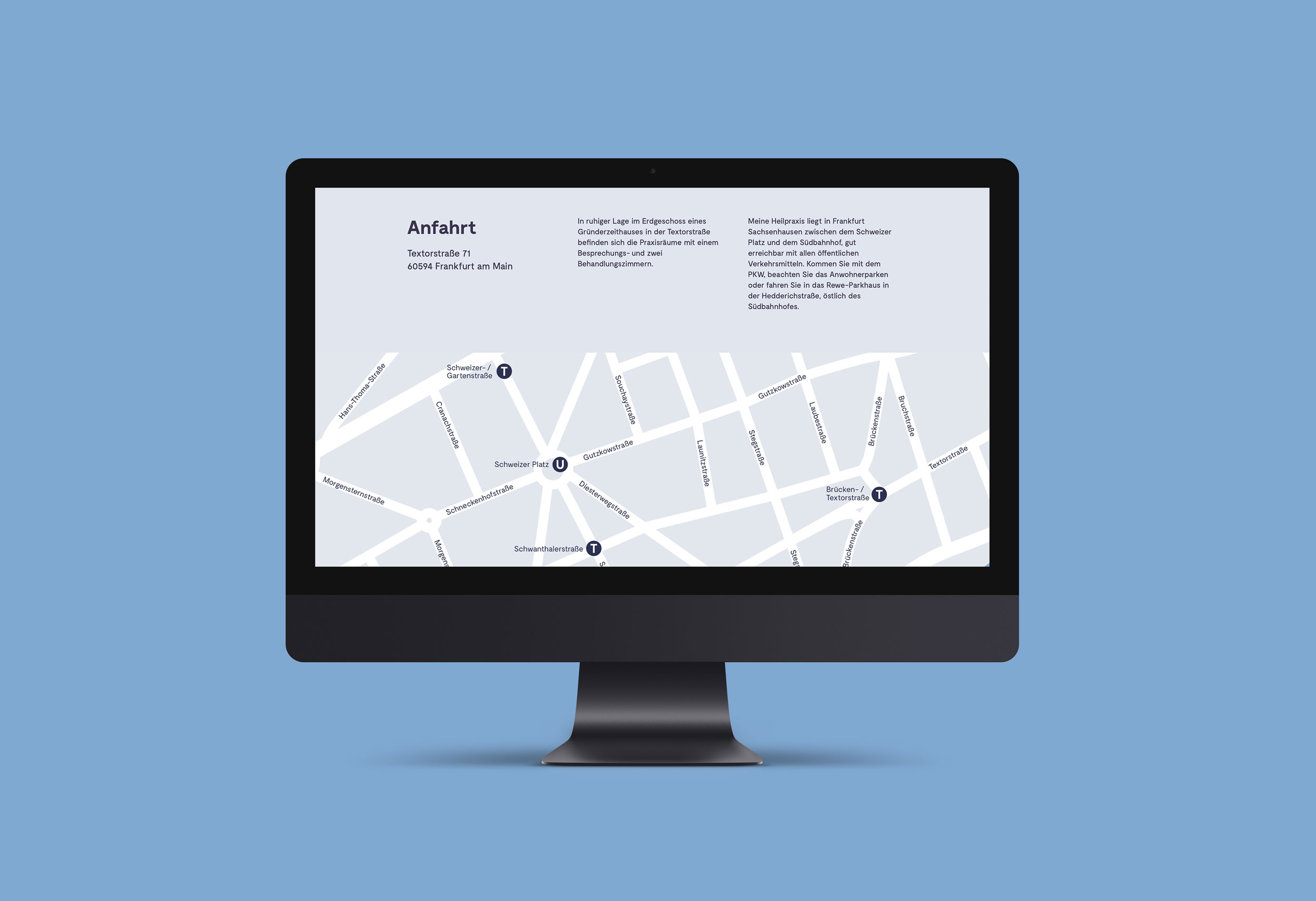 Mac Monitor mit dem Redesign der Webseite, Ansicht der Anfahrtsseite mit der Anfahrtsskizze in Frankfurt Sachsenhausen