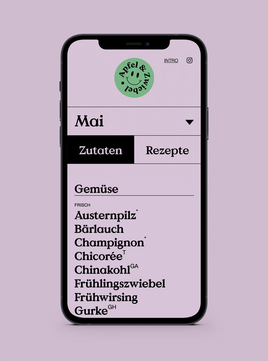 Responsive Webdesign für einen Online Saisonkalenders Mobile Ansicht eines Online Saisonkalenders